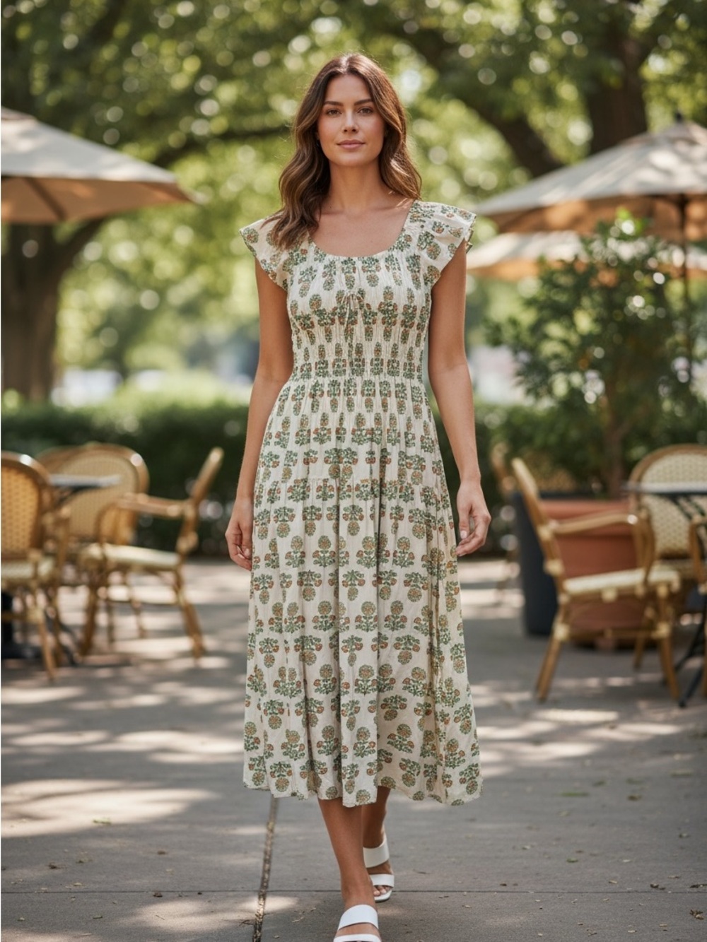 100% Cotton, Floral Smocked Midi Dress in Cream and Green